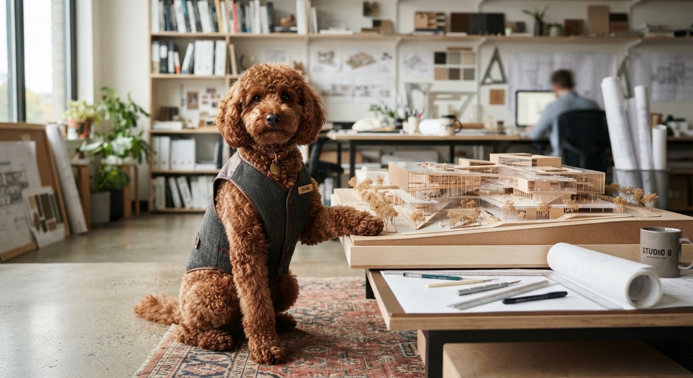 Bruno, a red poodle in a vest, beside an architectural model