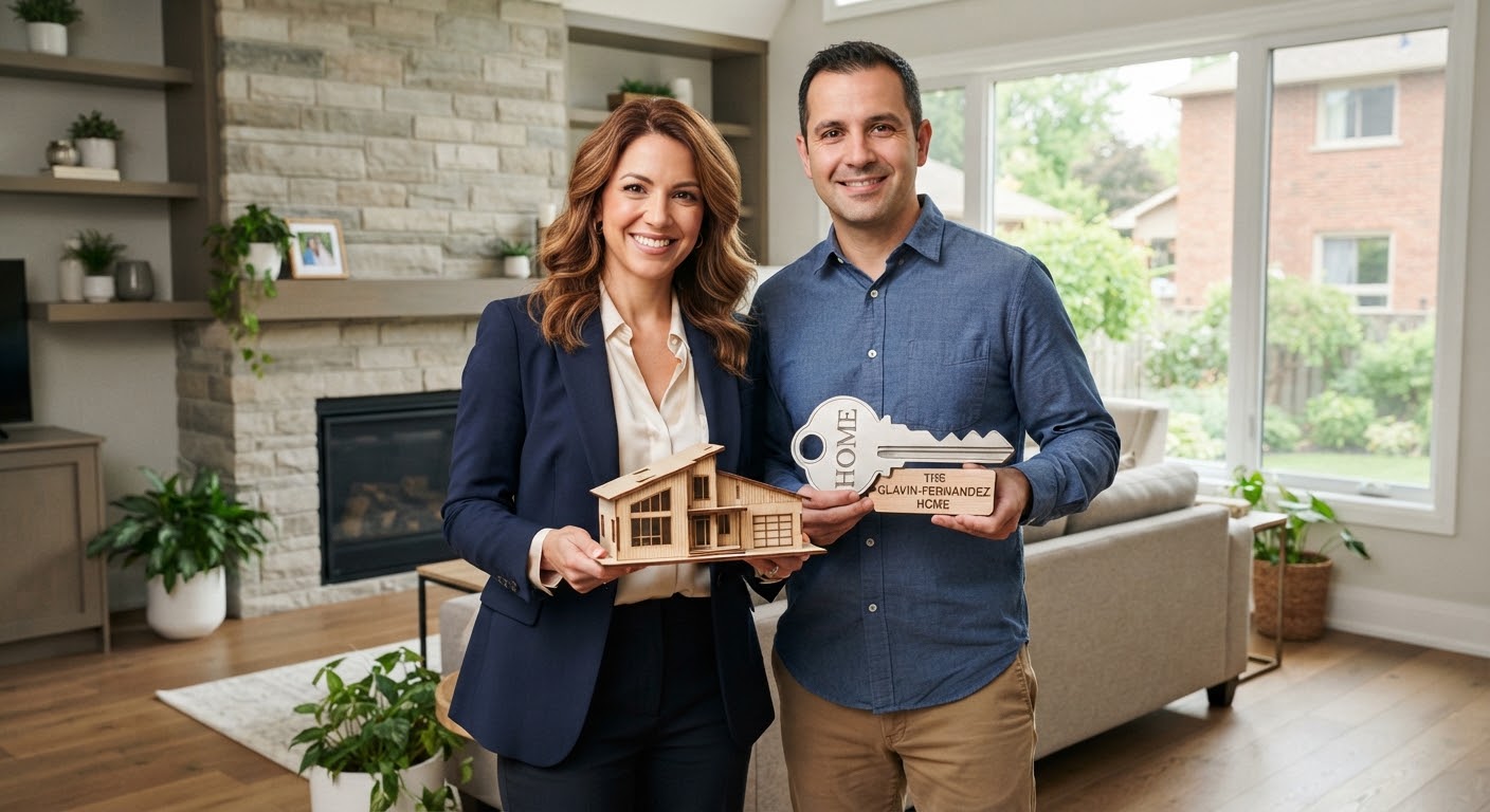 Nadia Glavin with a client, holding a model home and a house key